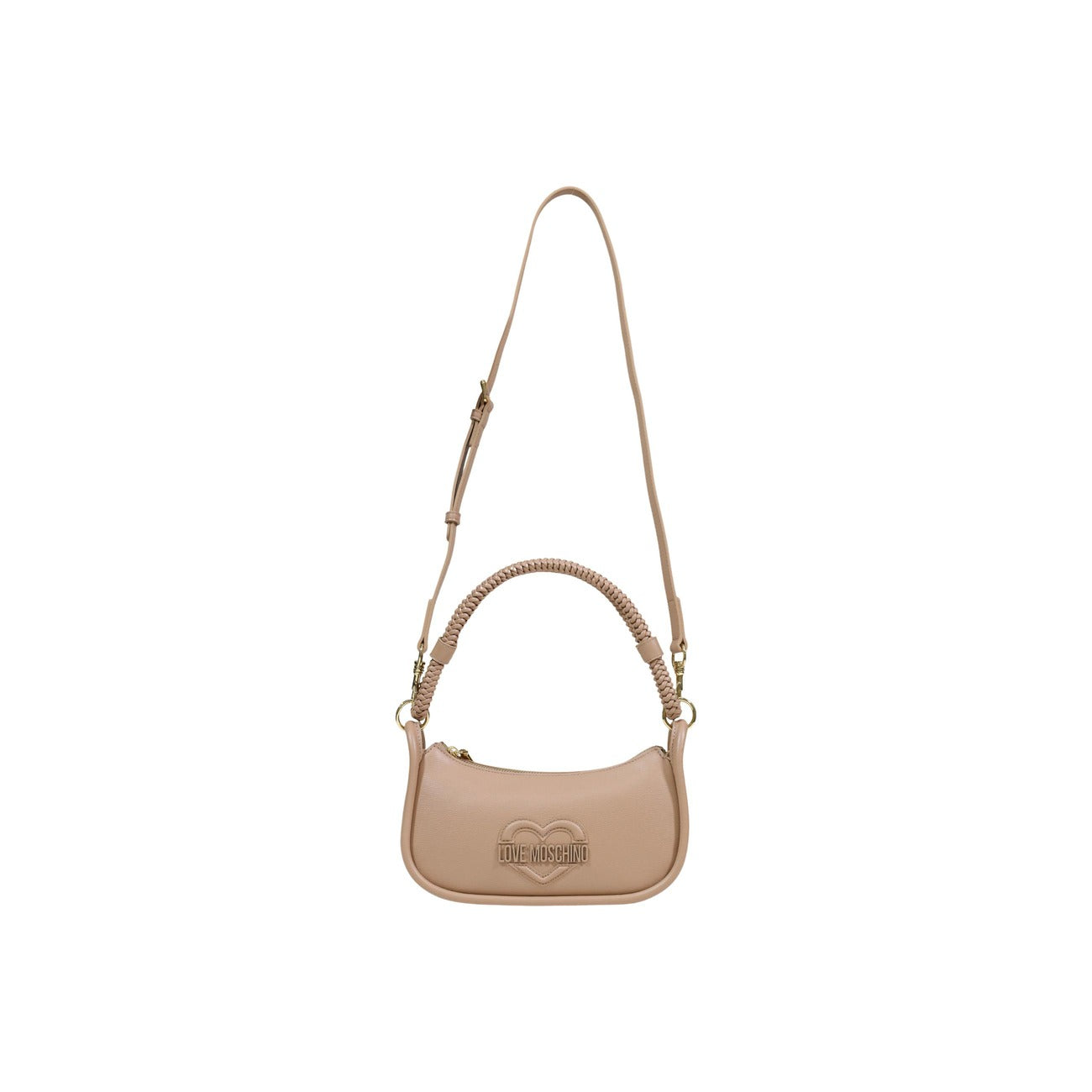Borsa Love Moschino donna beige a tracolla modello JC4098PP1. Borsetta piccola a spalla color nude/sabbia con manico a treccia, struttura rigida, logo con cuore in rilievo sul davanti e zip, stile casual chic ed elegante.