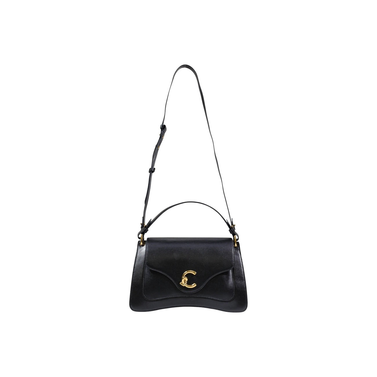 Borsa Coccinelle C-Me Calf Nera; 100% Vera Pelle. Chiusura magnetica, interno a soffietti, tre scomparti, dettagli gold. Borsa a mano e tracolla donna, design premium. Vista frontale con tracolla