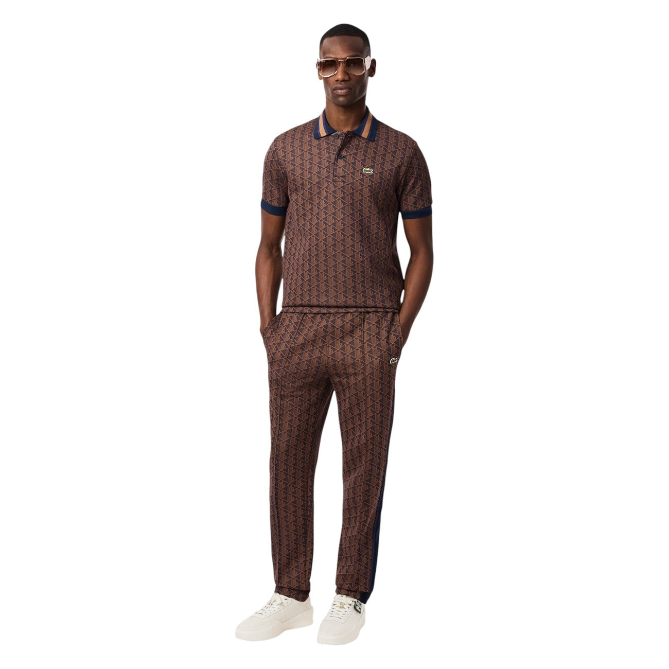 Lacoste Pantaloni Sportivi con monogramma Paris Uomo Marroni con Stampa Tasche Anteriori - Pantaloni Cotone Poliestere Poliammide