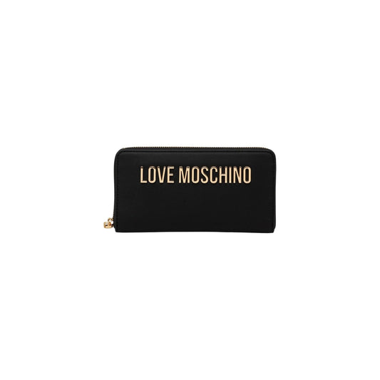 Portafoglio Love Moschino donna nero grande modello JC5611PP1. Portafogli zip-around in ecopelle nera con logo metallico dorato lucido sul davanti e scomparti interni per tessere e monete, stile classico ed elegante.