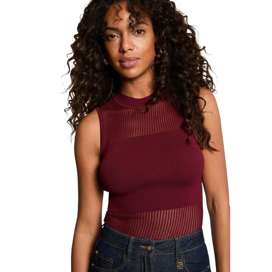 Canotta bordeaux donna Morgan De Toi 252-MJULIE. Top aderente senza maniche con scollo tondo, dettagli a coste e trasparenze sul busto in misto viscosa e poliammide.