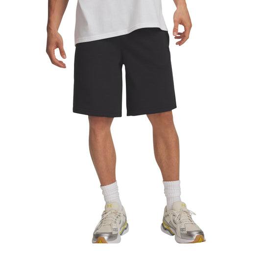 Bermuda Uomo Neri Under Armour Rival Lightweight; Pantaloncino sportivo leggero in misto cotone tinta unita. Vita elastica, tasche laterali e tasca posteriore, stile activewear e tempo libero primavera-estate. Frontale 