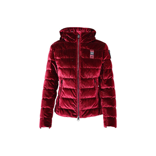 Piumino bordeaux donna velluto lucido Blauer. 26WBLDC03363. Giambotto sagomato sfiancato iridescente imbottito in piuma con cappuccio, coulisse sul fondo e scudetto glitterato.