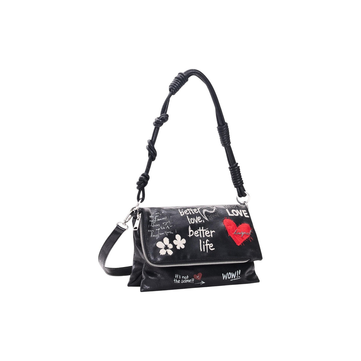 Borsa a tracolla nera donna Desigual con stampe grafiche – Borsa effetto pelle con charm cuore Desigual 26WAXP39.