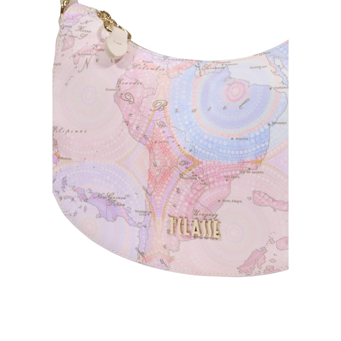Mini borsa a spalla Alviero Martini Prima Classe, stampa Geo tonalità pastello e logo dorato; borsa piccola in tessuto spalmato resistente con scomparto sicuro a zip. Dettaglio logo 