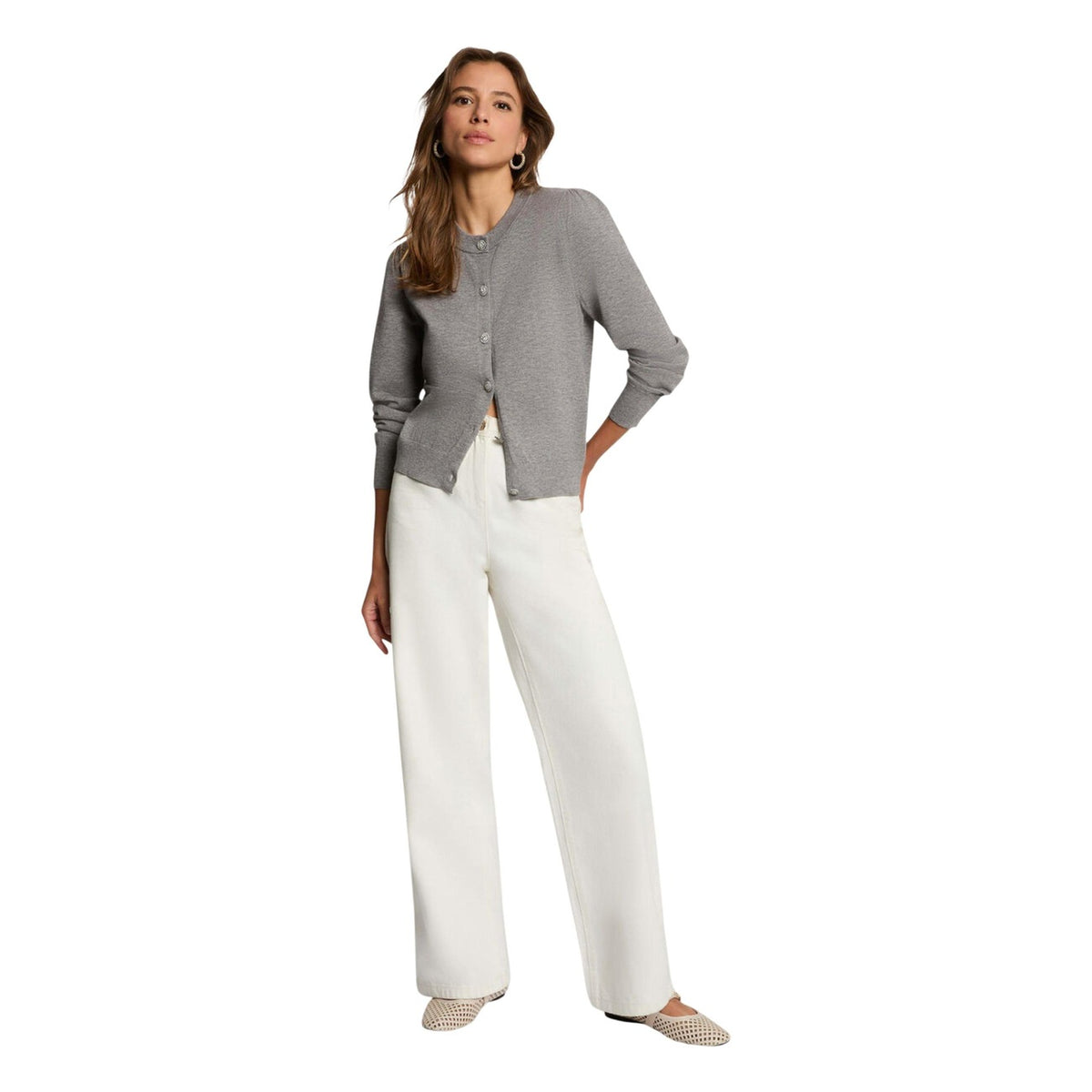 Cardigan donna con bottoni gioiello Morgan De Toi 262-MKNOT. Maglia girocollo in viscosa sostenibile e poliammide a maniche lunghe con dettagli arricciati sulle spalle.