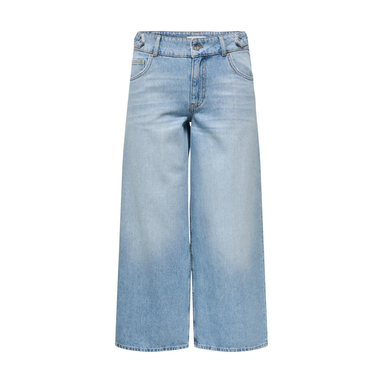 Jeans Only donna chiari Wide Fit 15367859. Jeans a vita media e gamba larga azzurro chiaro Light Blue Denim slavato in puro cotone biologico, 5 tasche con zip e bottone, pantaloni jeans estivi morbidi e traspiranti Only.