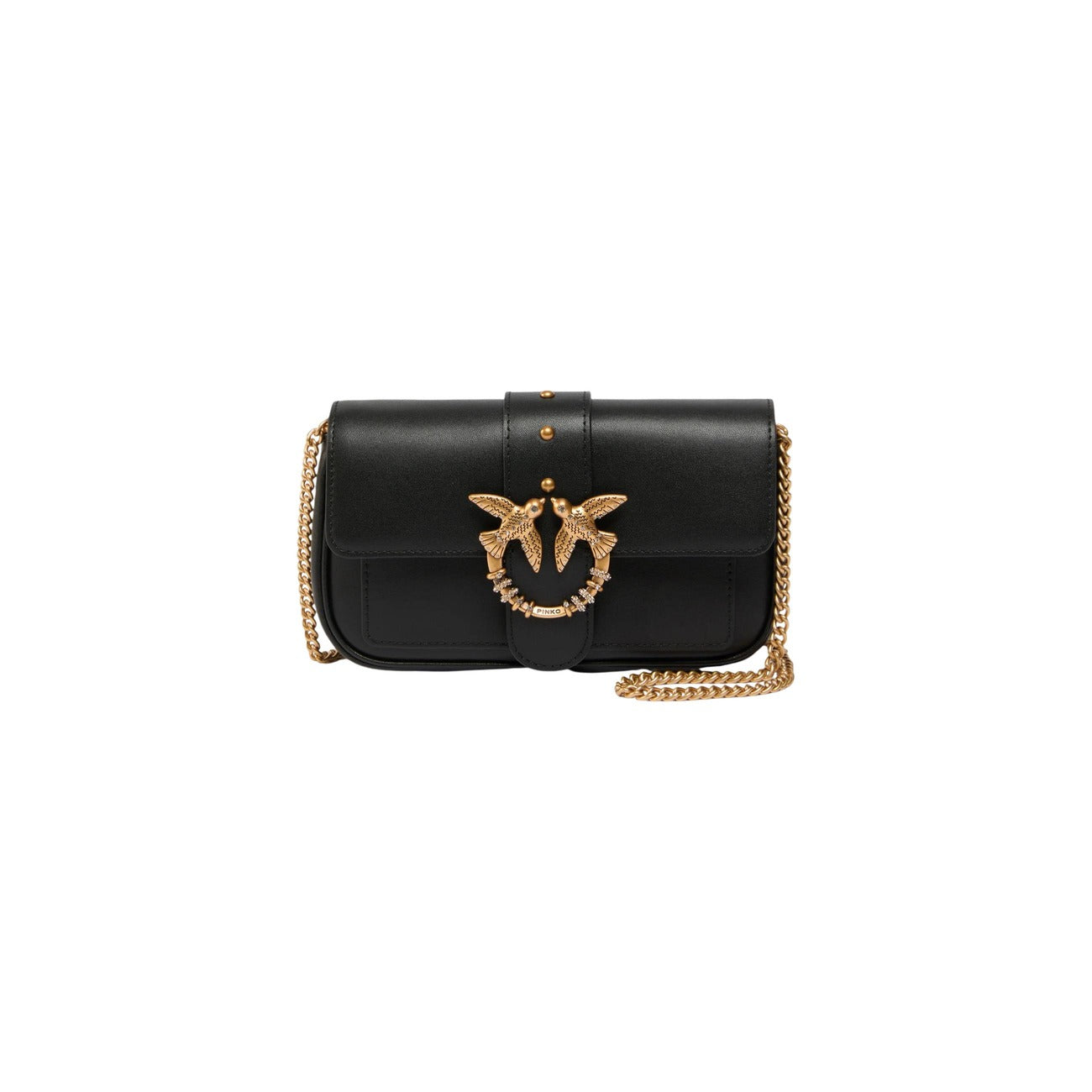 Borsa Pinko donna nera modello LOVE POCKET NEW BUCKLE VITELLO. Mini borsa a spalla e a mano in vera pelle con fibbia rotonda con rondini e strass lucenti, interno con scomparto zip e tasche per carte, stile elegante da sera.