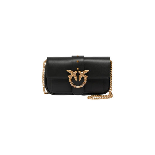 Borsa Pinko donna nera modello LOVE POCKET NEW BUCKLE VITELLO. Mini borsa a spalla e a mano in vera pelle con fibbia rotonda con rondini e strass lucenti, interno con scomparto zip e tasche per carte, stile elegante da sera.
