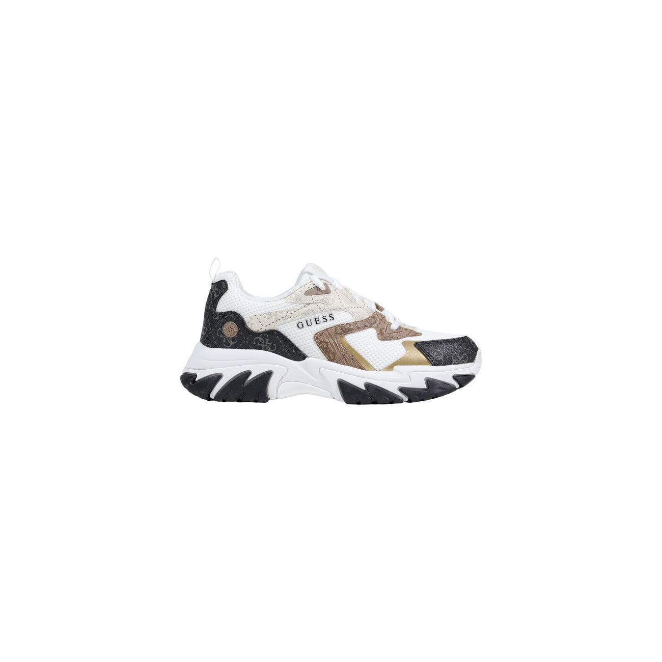 Sneakers Guess NOTISS Chunky; 52% Poliuretano, 48% Poliestere. Colore marrone e bianco, tacco 5 cm, suola sagomata. Sneakers donna robuste e leggere, ideali per tutte le stagioni. Vista laterale 