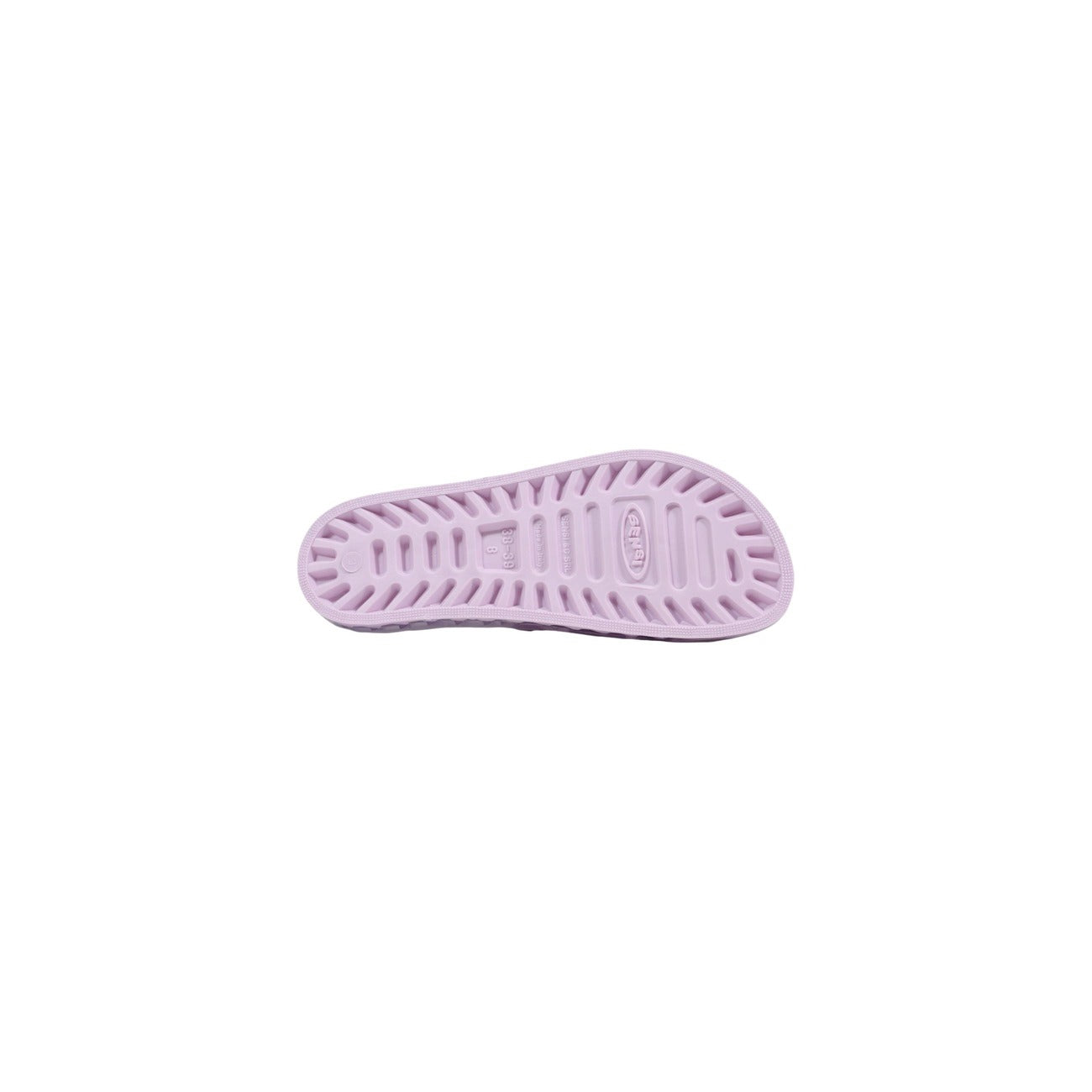 Slide Sensi La Jolla Urban Nere; 100% PVC. Doppia fascia regolabile, suola ergonomica traforata anti-ristagno, altezza 2 cm. Leggere, ultra-resistenti e lavabili. Design Made in Italy. Vista suola lilla