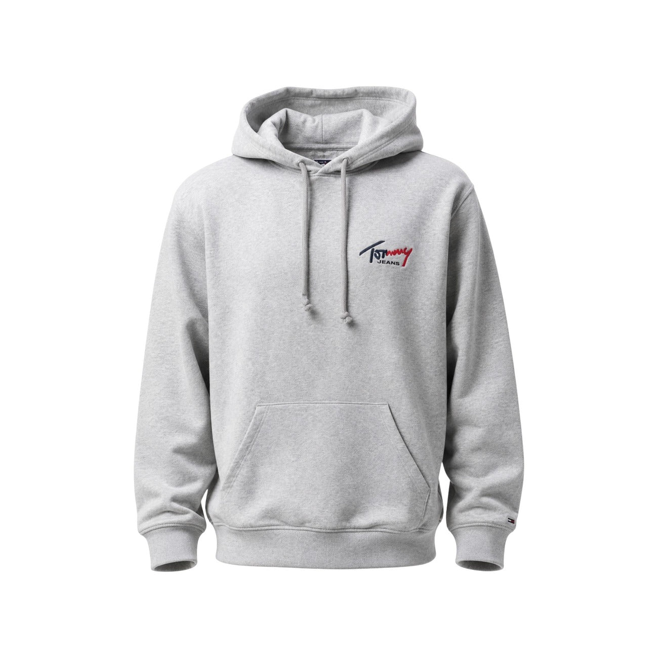 Felpa Grigia con Cappuccio Tommy Jeans; 100% Cotone Rigenerato. Tasca a marsupio, logo ricamato, finiture a costine. Stile casual, materiale ecosostenibile, ideale per l'uso quotidiano. Frontale stesa 