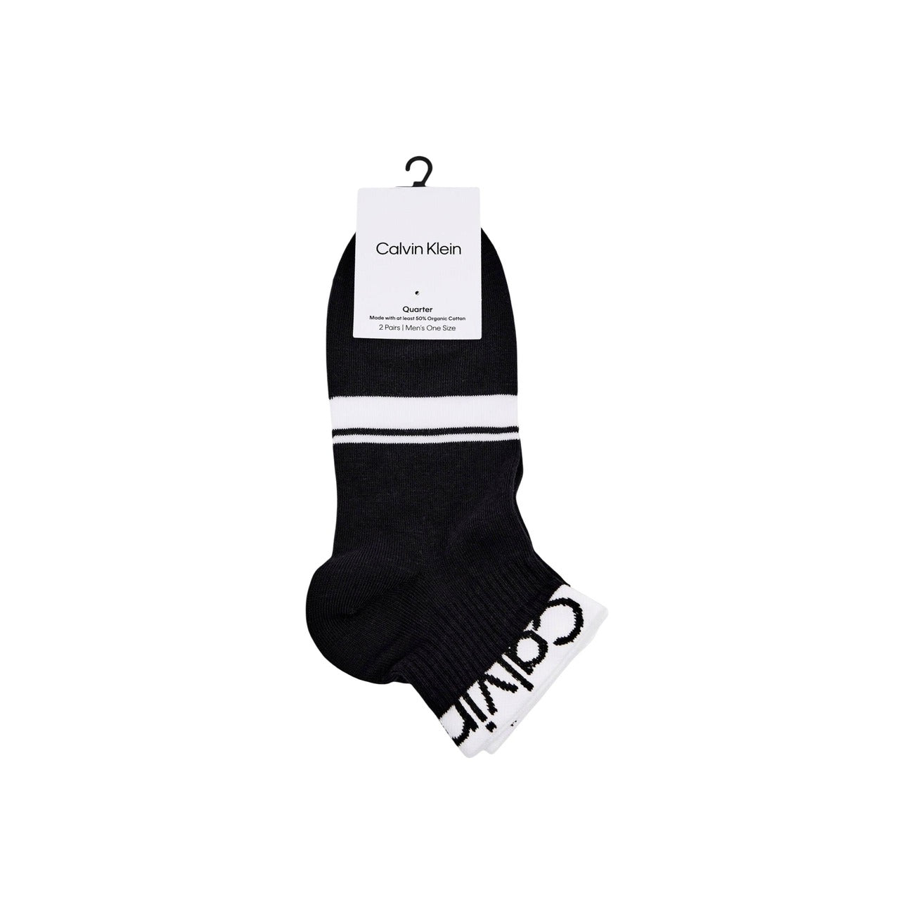 Calzini Calvin Klein Quarter Varsity; Nero/Bianco. 69% Cotone, 29% Poliammide, 2% Lycra. Design a righe orizzontali, logo integrato, vestibilità unisex stretch.