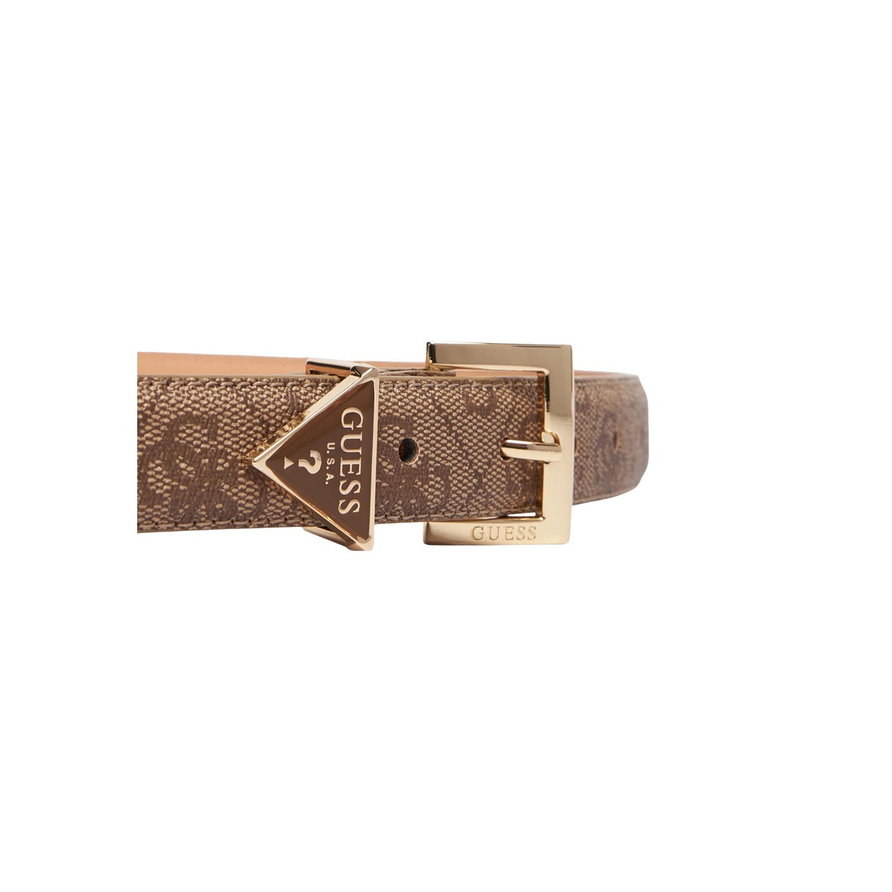 Cintura Donna Beige Guess Noelle; Larghezza 2,5 cm in poliestere e rivestimento in pelle con motivo 4G. Chiusura regolabile con fibbia oro pallido e dettaglio triangolo logo, stile elegante Dettaglio fibbia 