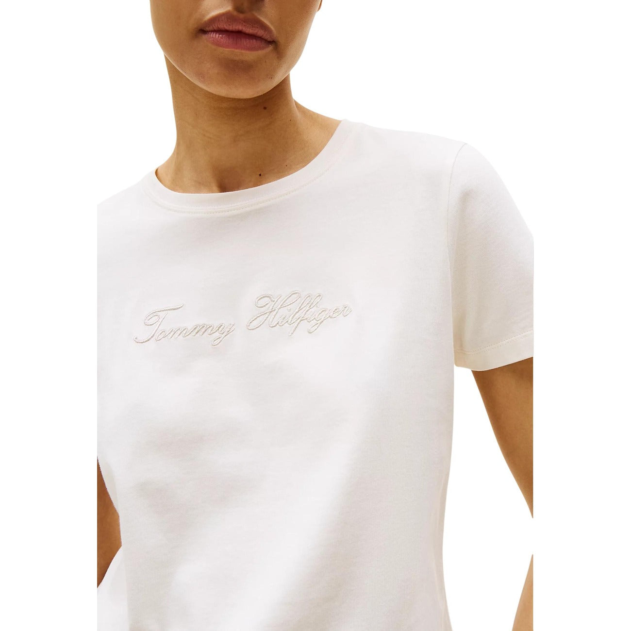 Tommy Hilfiger T-Shirt Donna Bianco Manica Corta Scollo Tondo Cotone Organico 100% Autunno Inverno WW0WW47210