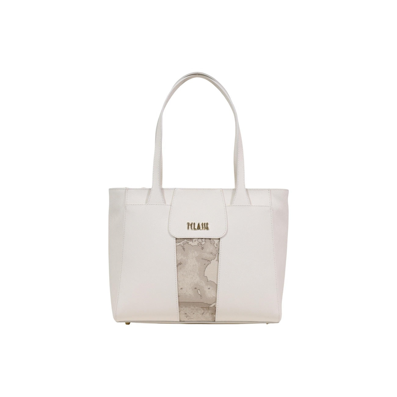 Borsa shopping Bloom City Alviero Martini, tessuto saffiano Avorio e inserto Geo Safari, dimensioni 33x24x12,5 cm; borsa a spalla elegante e capiente con finiture dorate. Vista frontale 
