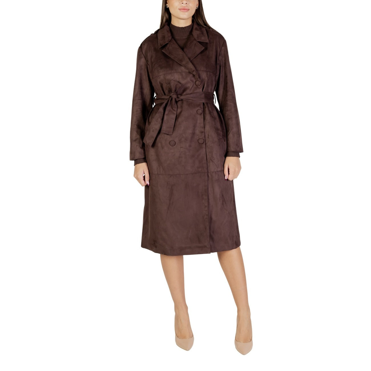 Only Cappotto Donna Marrone con Bottoni Maniche Lunghe Scollo Tondo Bavero Tasche Anteriori - Cappotto Poliestere