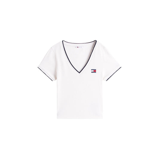 Tommy Jeans DW0DW22275; Top in cotone organico, scollo a V, maniche corte. Il basic sostenibile ed elegante per la stagione Primavera/Estate. Colore bianco. Vista frontale stesa 
