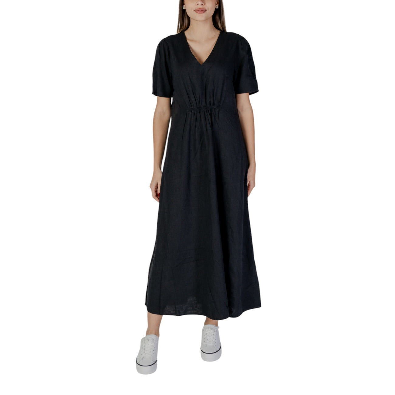 B.young Abito Lungo Donna Marrone Monocromo con Maniche Corte Scollo a V in Lino 52% Viscosa 48% 20813223