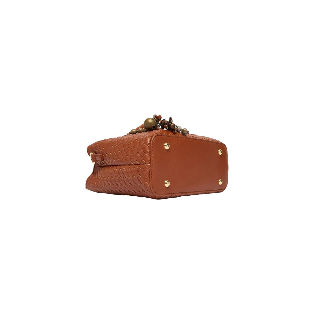 Borsa Piccola Marrone Donna Valentino Bags Gea; Misure 13x25x13 cm. Tessuto 100% poliuretano intrecciato a rilievo con doppi manici, tracolla rimovibile e charm logato con perle. Chiusura a zip, stile elegante 4 stagioni. Vista sotto 