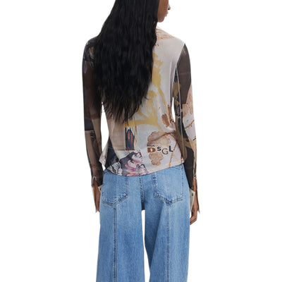 Desigual Camicia Donna Beige Floreale Manica Lunga Bottoni Colletto Classico - Camicia Poliestere Elastan