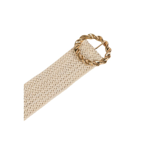 Cintura Morgan De Toi 3MOSCA; tessuto intrecciato (cotone/viscosa), fibbia rotonda oro. Altezza generosa, design a corda metallica, vestibilità confortevole. Accessorio versatile per look casual-chic e cerimonie. Dettaglio fibbia 