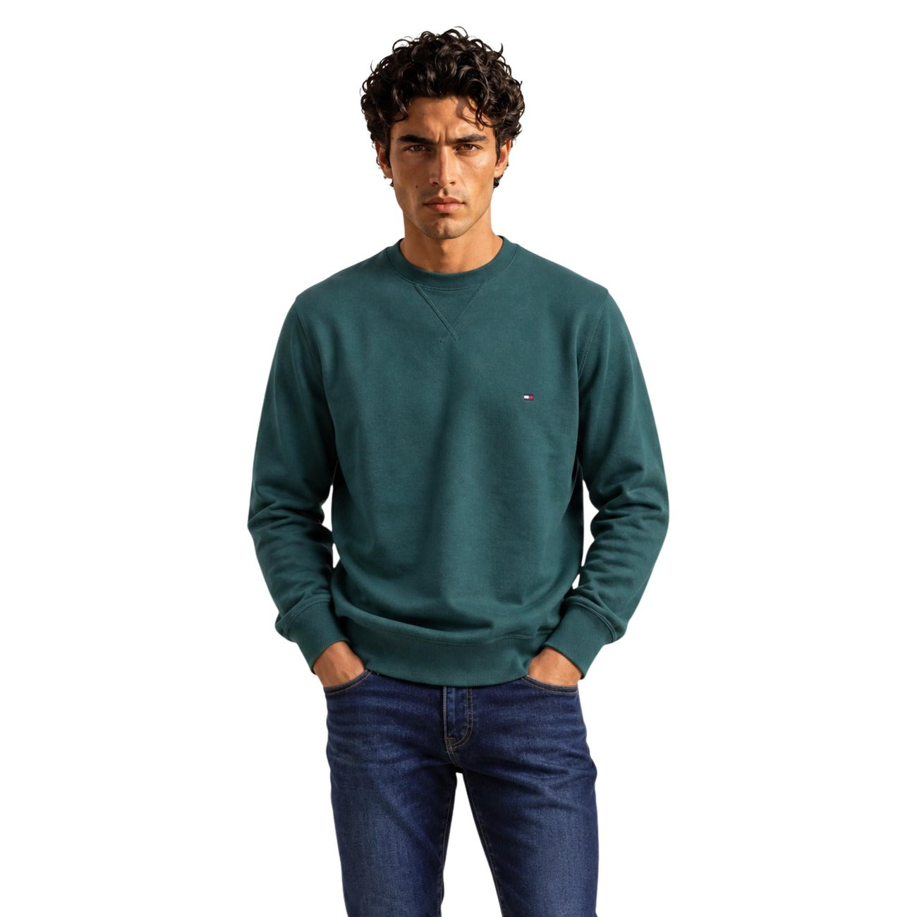 Felpa Tommy Hilfiger uomo girocollo marrone e verde MW0MW40000. Felpa pesante in misto cotone felpato con scollo tondo, finiture a costine e piccolo logo flag Tommy Hilfiger sul petto, abbigliamento casual uomo autunno inverno. Verde 