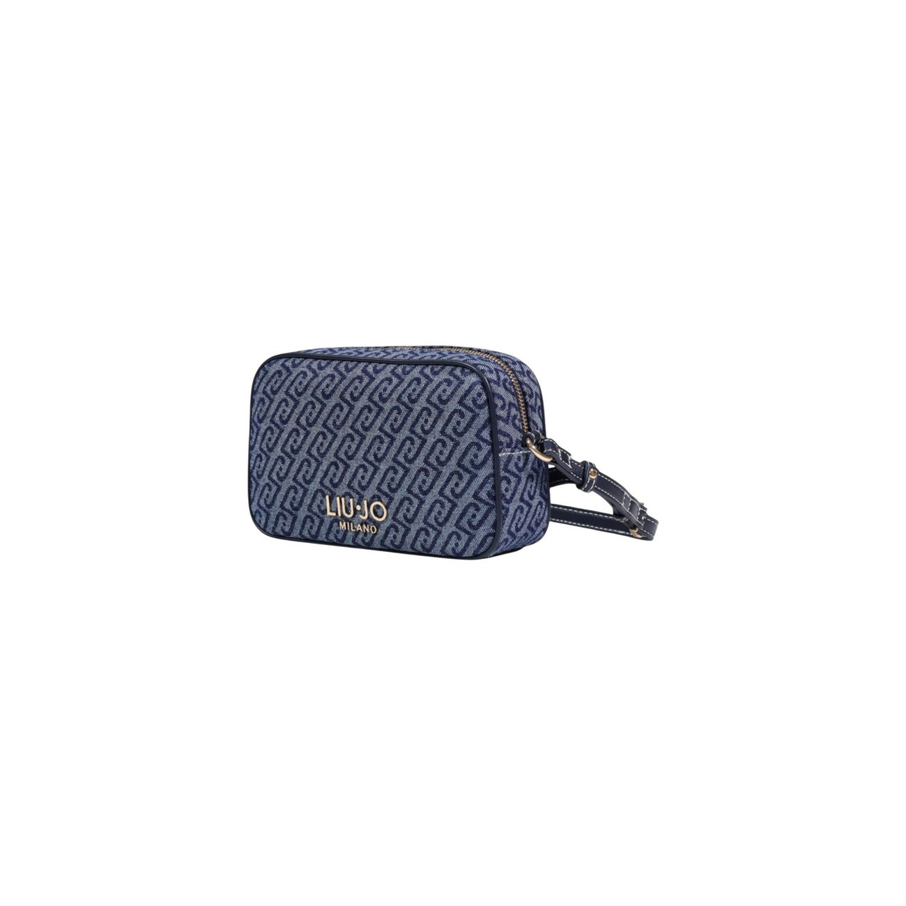 Borsa Liu Jo Camera Case Blu; 80% Cotone, 20% Poliestere. Pattern monogramma, logo metallico frontale, chiusura a cerniera. Tracolla regolabile, stile casual-elegante 4 stagioni. frontale laterale 