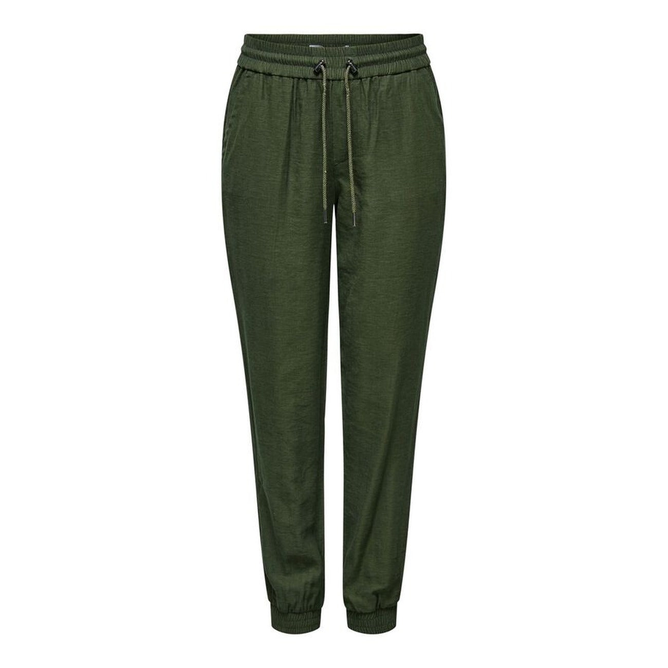 Only Kelda-Emery Pull-Up Pants; Verde. 92% Viscosa, 8% Poliestere. Vita regolare elastica, vestibilità regular con polsini alle caviglie. Tessuto leggero, morbido e traspirante. Frontale stesa 