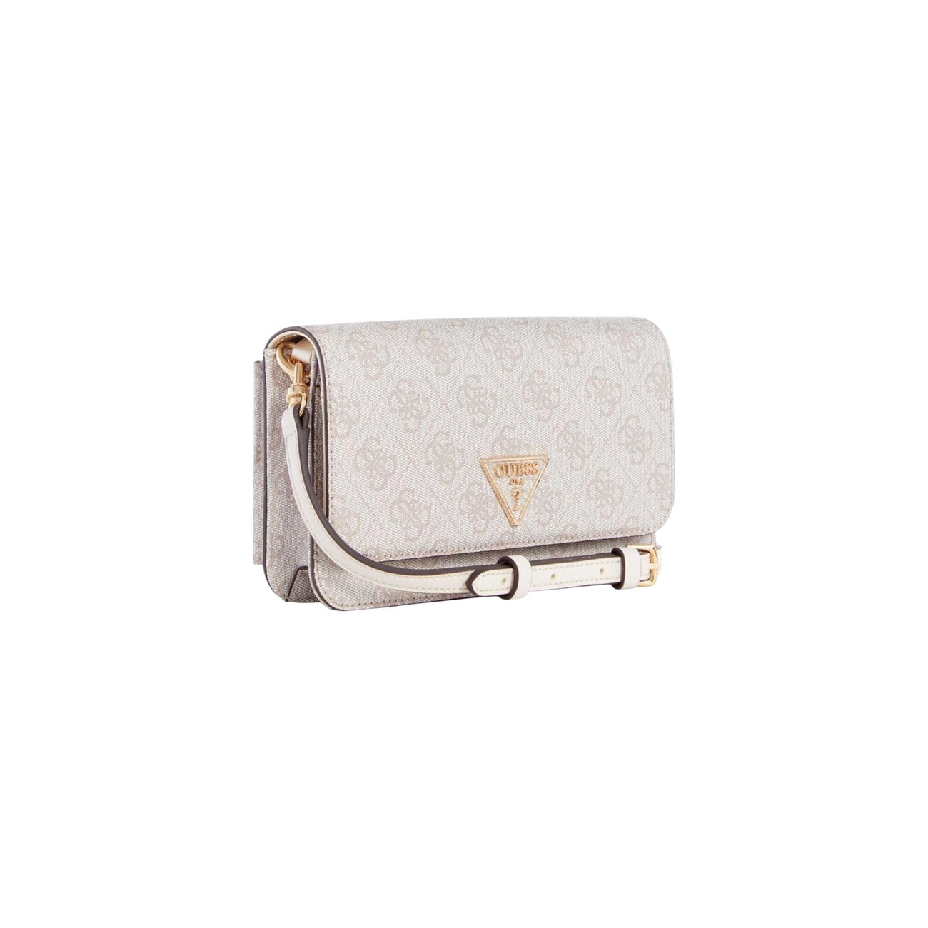 Pochette Guess Noelle II Organizer; Poliuretano Effetto Saffiano. Stampa monogramma, logo triangolare metallico, chiusura a patta. Borsa donna mini compatta e leggera per outfit urban-chic.