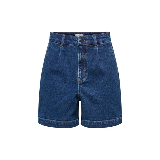 JDYValerie Bermuda City; denim twill a vita alta, regular fit, chiusura con bottoni. Lo short lungo ideale per outfit quotidiani freschi e curati. Colore blu denim vista frontale stesa 