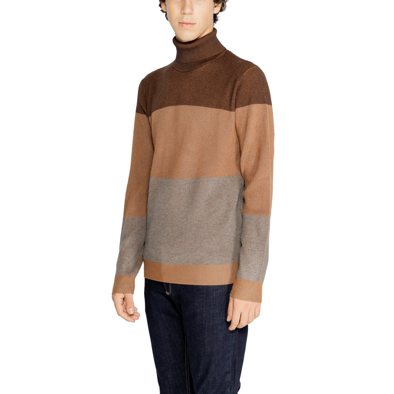 Hamaki-ho Maglia Uomo Marrone a Righe Collo Alto Manica Lunga Autunno Inverno MI3108H