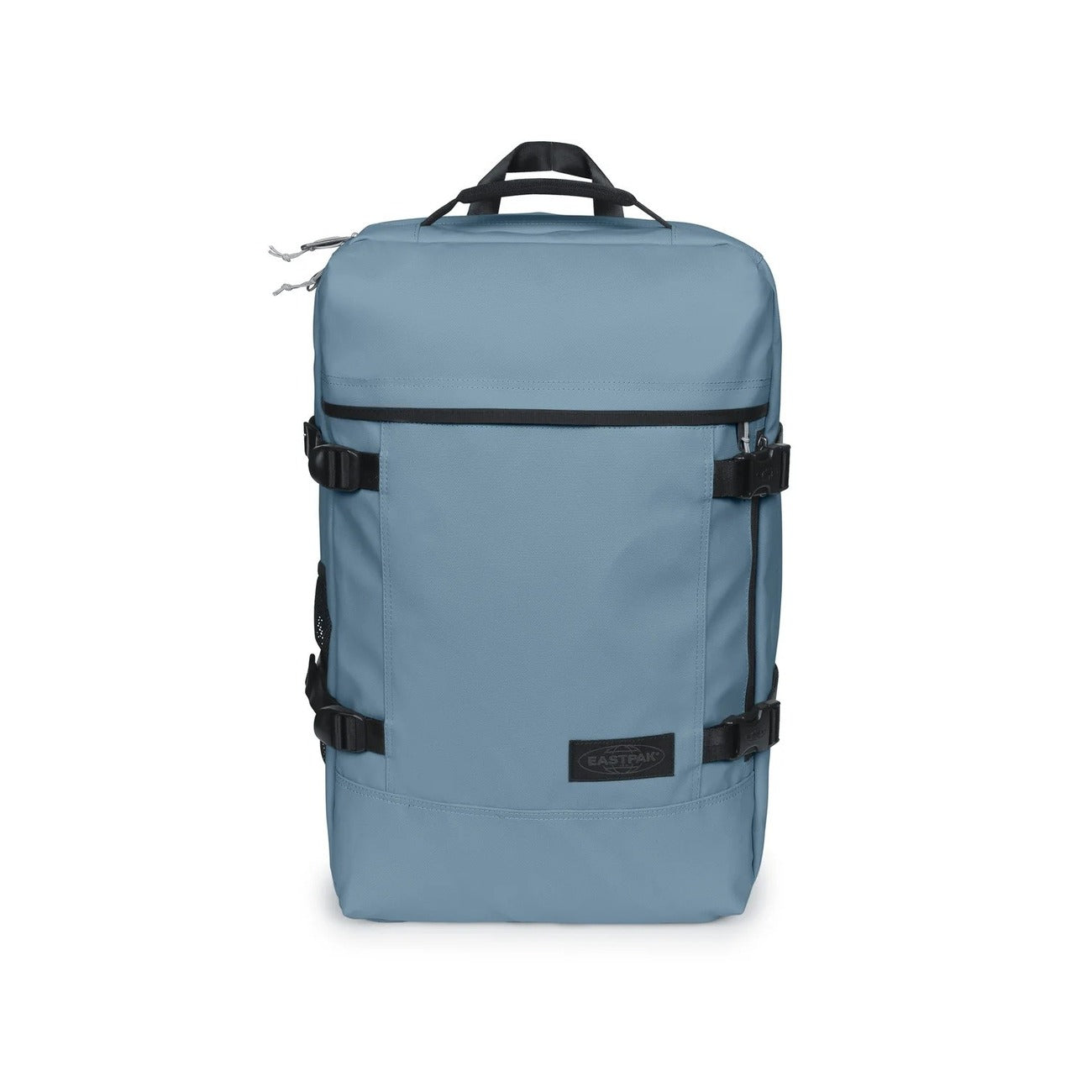 Zaino Borsone azzurro Eastpak Travelpack; 51x33x23 cm. 100% poliestere idrorepellente, doppio scomparto con zip e tasca laptop 17". Spallacci e manici a scomparsa, ideale come bagaglio a mano. Vista posteriore 