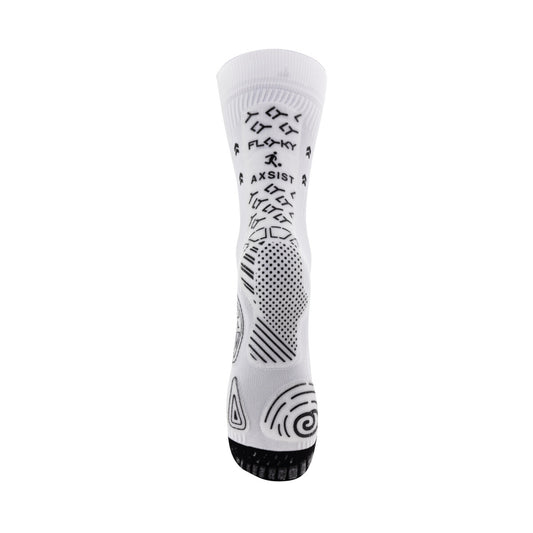 Floky AXSIST 2.0 Football Socks; tecnologia Kinesio Tape, grip integrato, compressione graduata e filato da plastica riciclata. La calza definitiva per stabilità e recupero. Colore bianco. Vista posteriore 