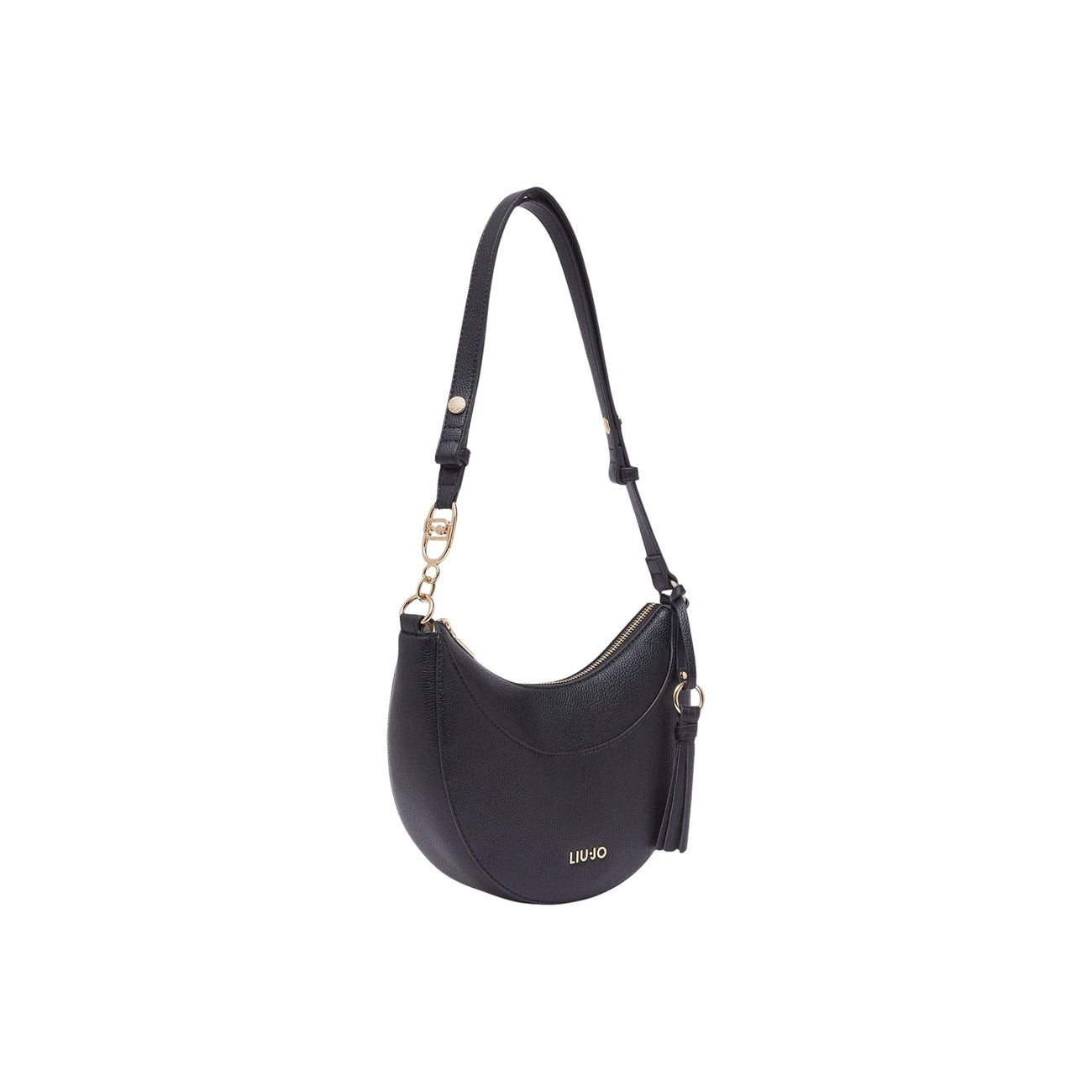 Liu Jo Borsa Hobo media effetto bottalato nero, manico con logo LJ in metallo e charm nappina, chiusura sicura con zip e stile urban sofisticato. Vista frontale laterale con tracolla 