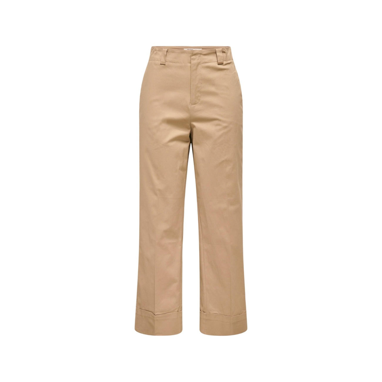 Pantaloni chino cropped beige scuro Only Onlrosalie, 98% cotone e 2% elastan, vita alta con cintura e linea dritta; stile versatile per outfit casual-chic e professionali. Vista frontale Stesa