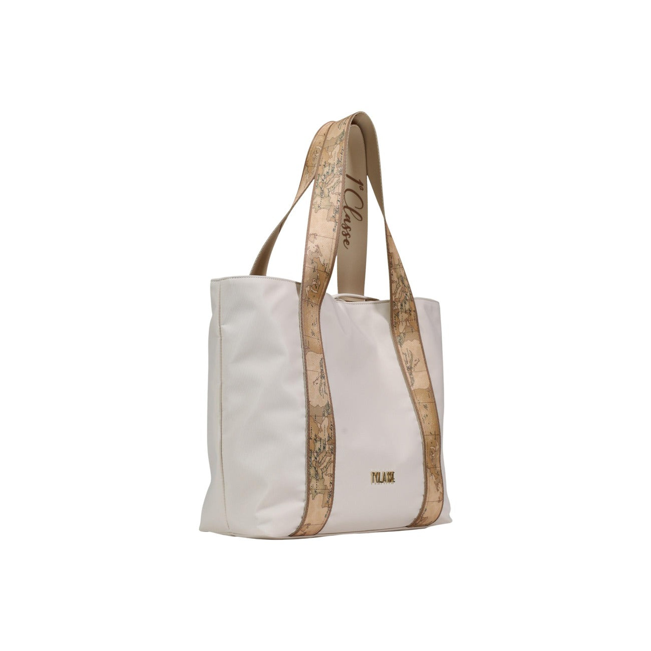 Borsa reversibile Alviero Martini Dual Bag; Nylon e tessuto soft Geo Classic. Maxi logo 1C oro chiaro, chiusura con laccetti, manici logati. Colore Sabbia. Shopping bag capiente e trasformabile per la stagione estiva. Vista laterale 