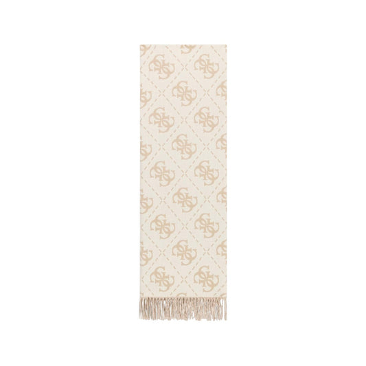 Sciarpa Guess donna logo all over AW5217 VIS03. Stola invernale bicolore in maglia morbida con loghi Guess, estremità con frange e misure 94x100 cm, collezione autunno inverno. Panna