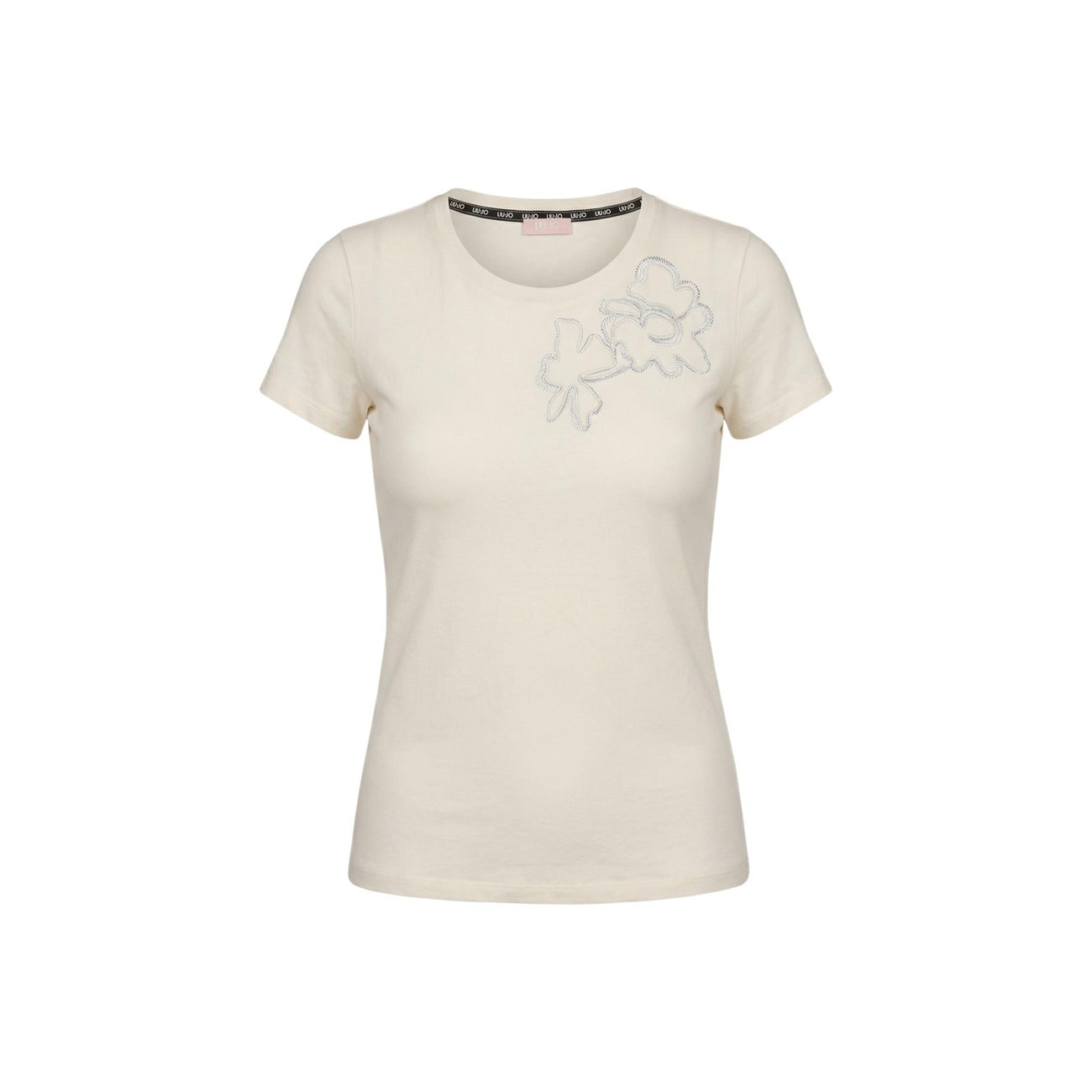 Liu Jo T-shirt ECS Moda; 100% cotone, decoro floreale ricamato con applicazioni luminose. Stile femminile e comfort quotidiano. Colore beige chiaro. Vista frontale Stesa 