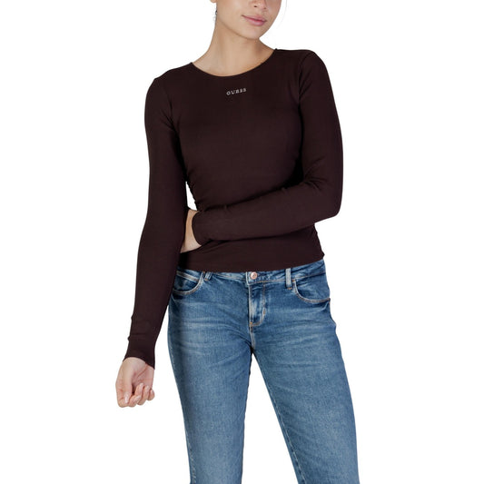 T-shirt Guess Active donna marrone manica lunga scollo tondo 89% modal 11% elastan - vista frontale indossata da modello figura intera
