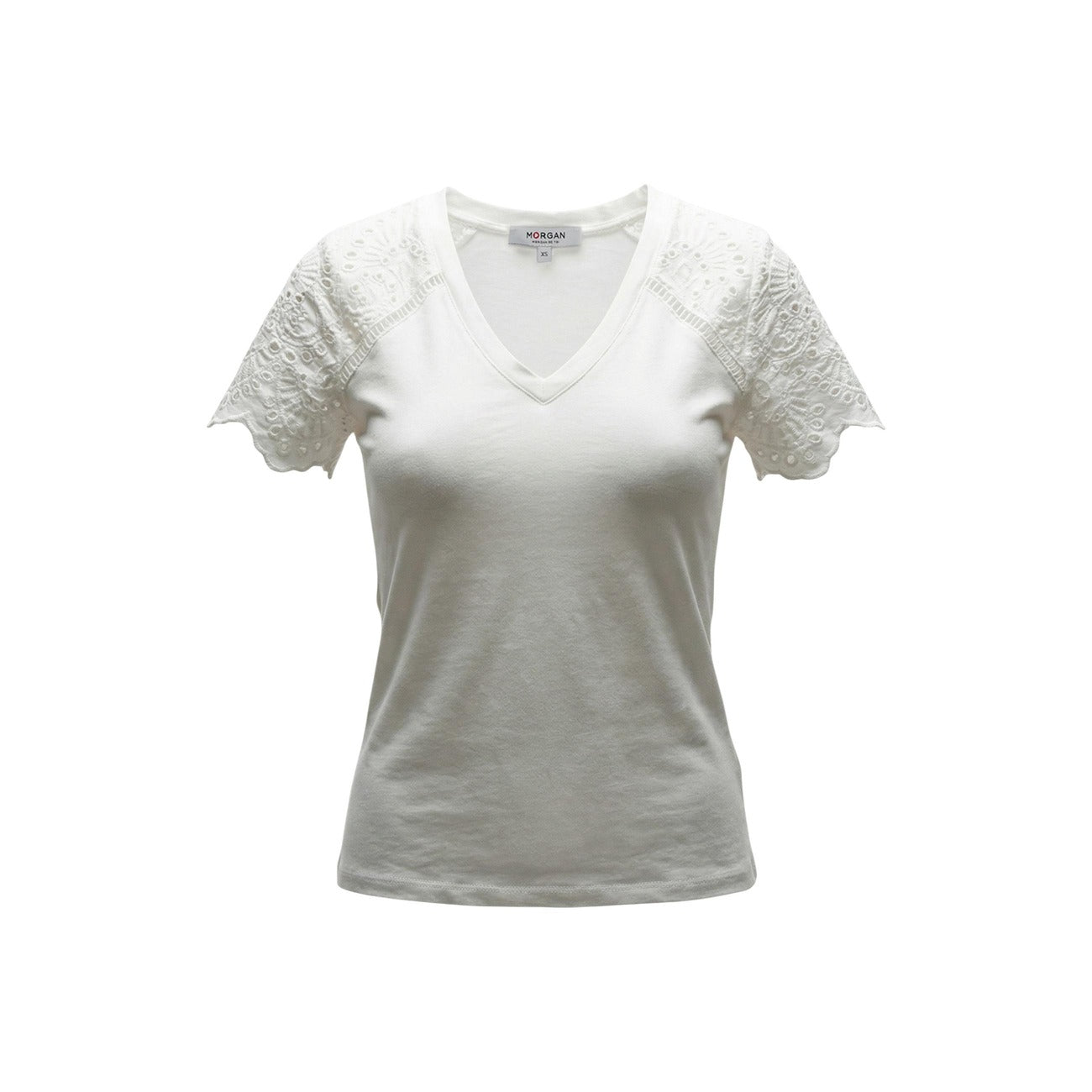T-shirt Morgan De Toi Bianca; 100% Cotone. Maniche con ricamo traforato, scollo a V, vestibilità regolare. Stile romantico-casual, ideale per la stagione Primavera/Estate. Vista stesa 
