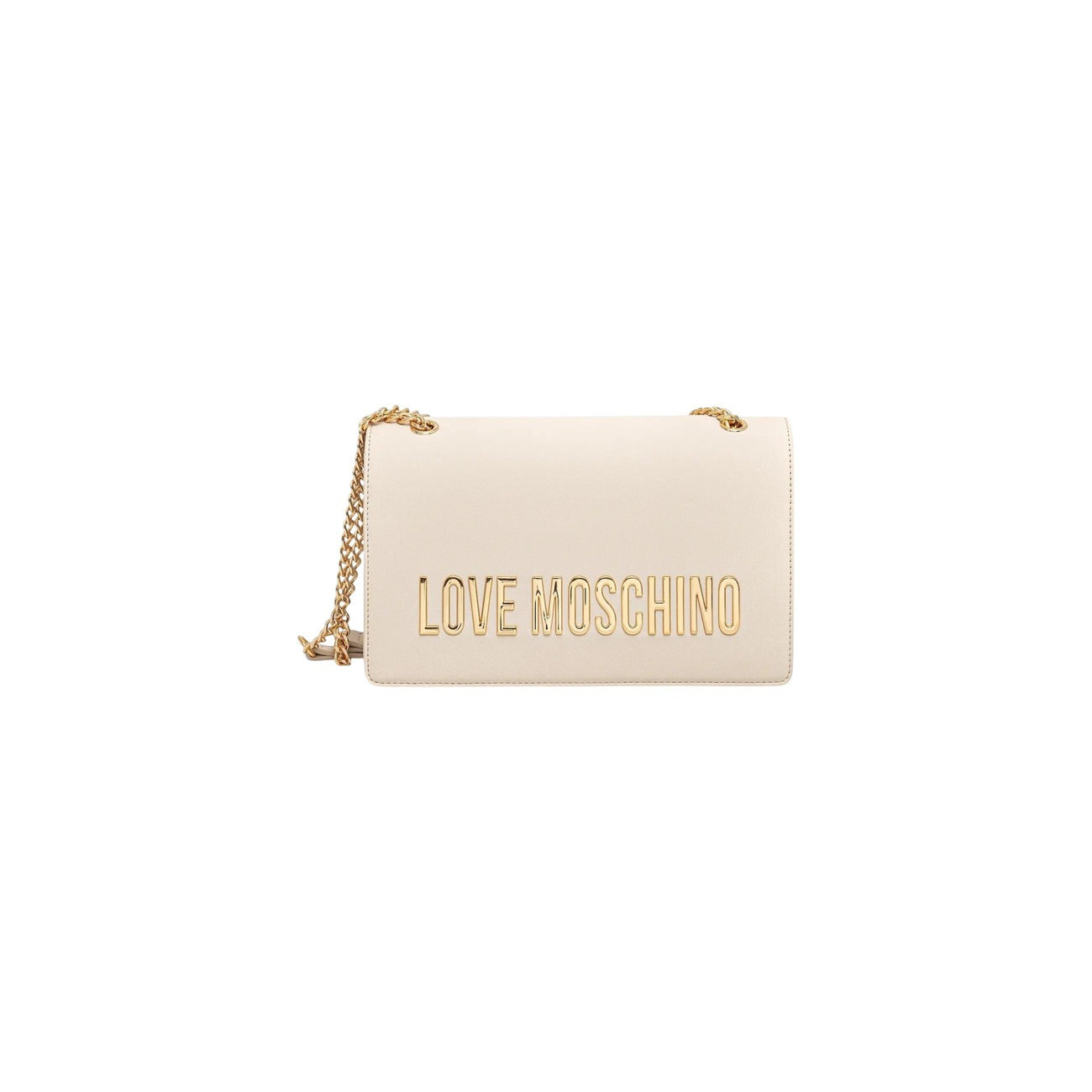 Borsa Love Moschino donna bianca a spalla modello JC4192PP1. Borsetta media con patta bianca, tracolla a catena oro e maxi logo scritte dorate sul davanti, stile elegante, casual chic e da giorno o estate.