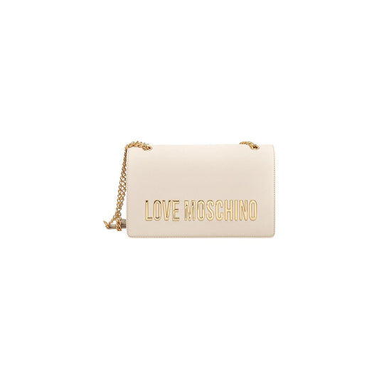 Borsa Love Moschino donna bianca a spalla modello JC4192PP1. Borsetta media con patta bianca, tracolla a catena oro e maxi logo scritte dorate sul davanti, stile elegante, casual chic e da giorno o estate.
