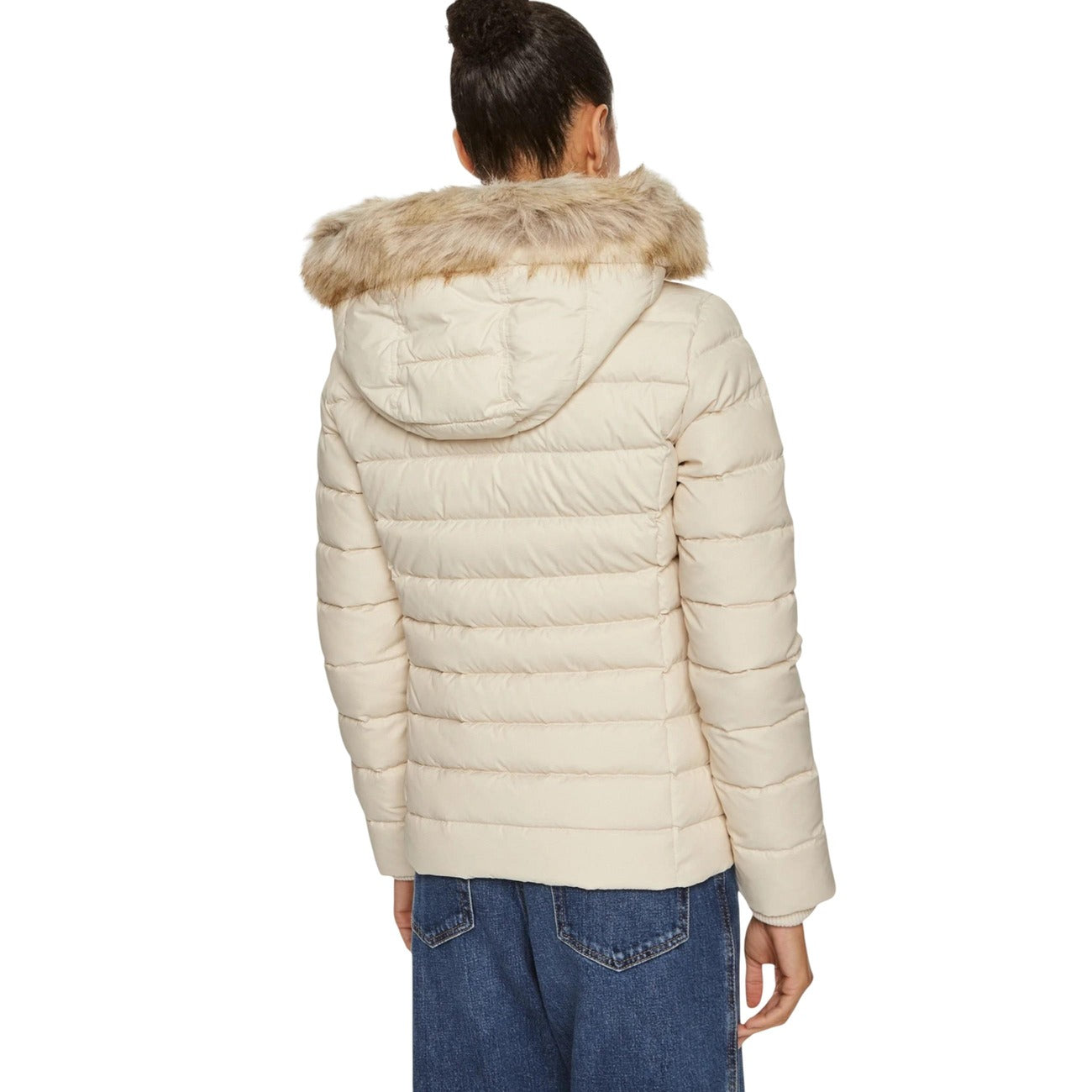 Giubbotto Tommy Hilfiger Jeans donna bianco - vista posteriore retro con cappuccio bordato in pelliccia ecologica