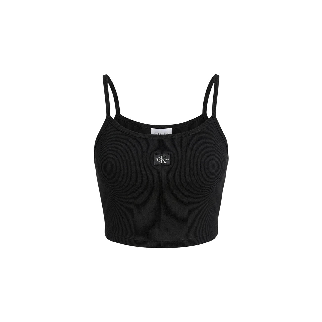 Calvin Klein Cropped Tank Top; nero, cotone stretch, logo iconico, spalline sottili. La canotta trendy e confortevole essenziale per la stagione calda. Vista frontale stesa 