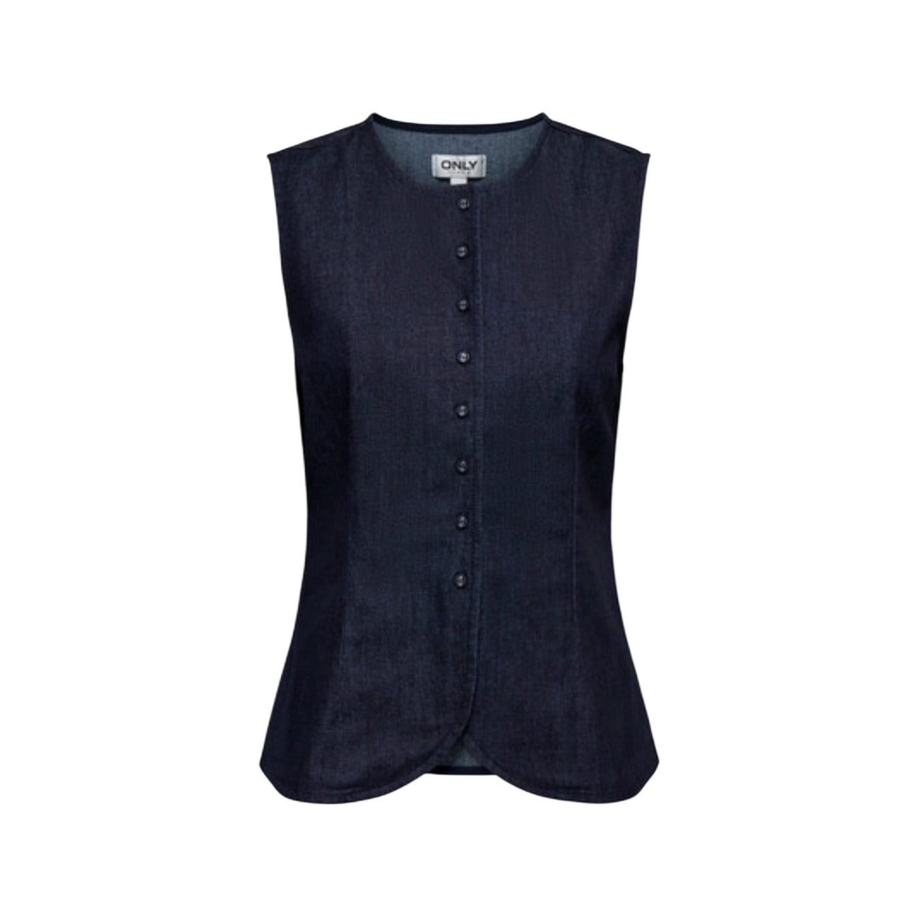 Gilet Only Onlashby in denim stretch, chiusura con bottoni e linea sagomata; capo versatile in cotone e poliestere, perfetto per outfit casual-chic e layering. Vista frontale stesa 