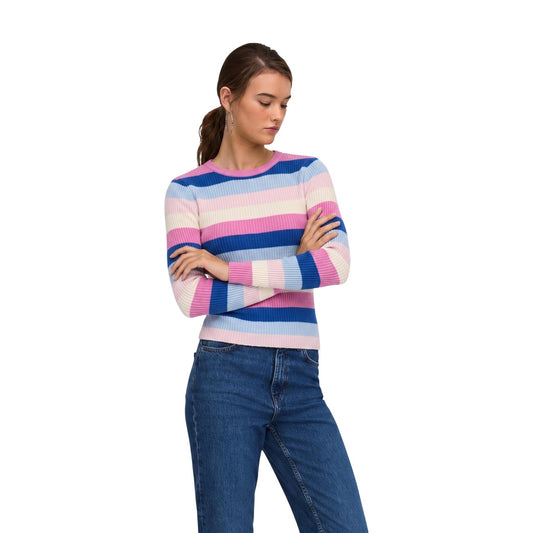 Maglia a righe azzurro rosa donna Only ONLIBI LS O-NECK RIB 15377948. Maglioncino leggero elasticizzato a costine slim fit con fibre riciclate.