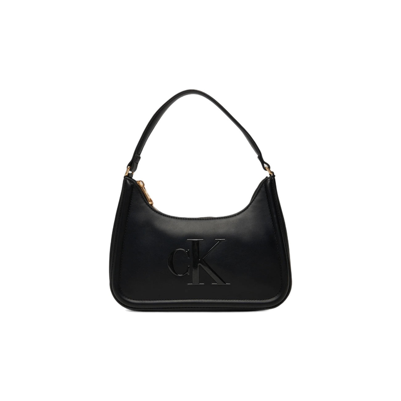 Calvin Klein Raised CK Shoulder Bag; mini borsa nera con logo monogramma 3D, chiusura a cerniera e manico fisso. Accessorio moderno e sofisticato firmato CK. Vista frontale 