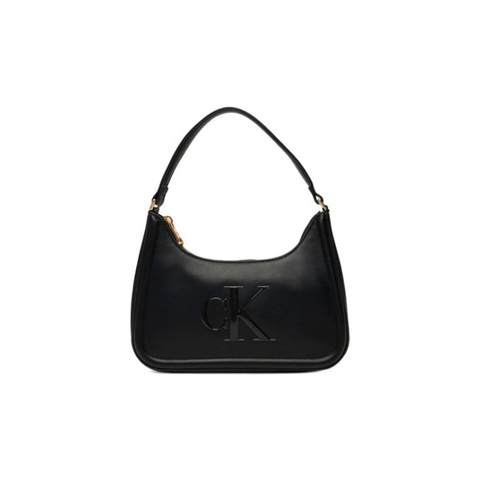 Calvin Klein Raised CK Shoulder Bag; mini borsa nera con logo monogramma 3D, chiusura a cerniera e manico fisso. Accessorio moderno e sofisticato firmato CK. Vista frontale 