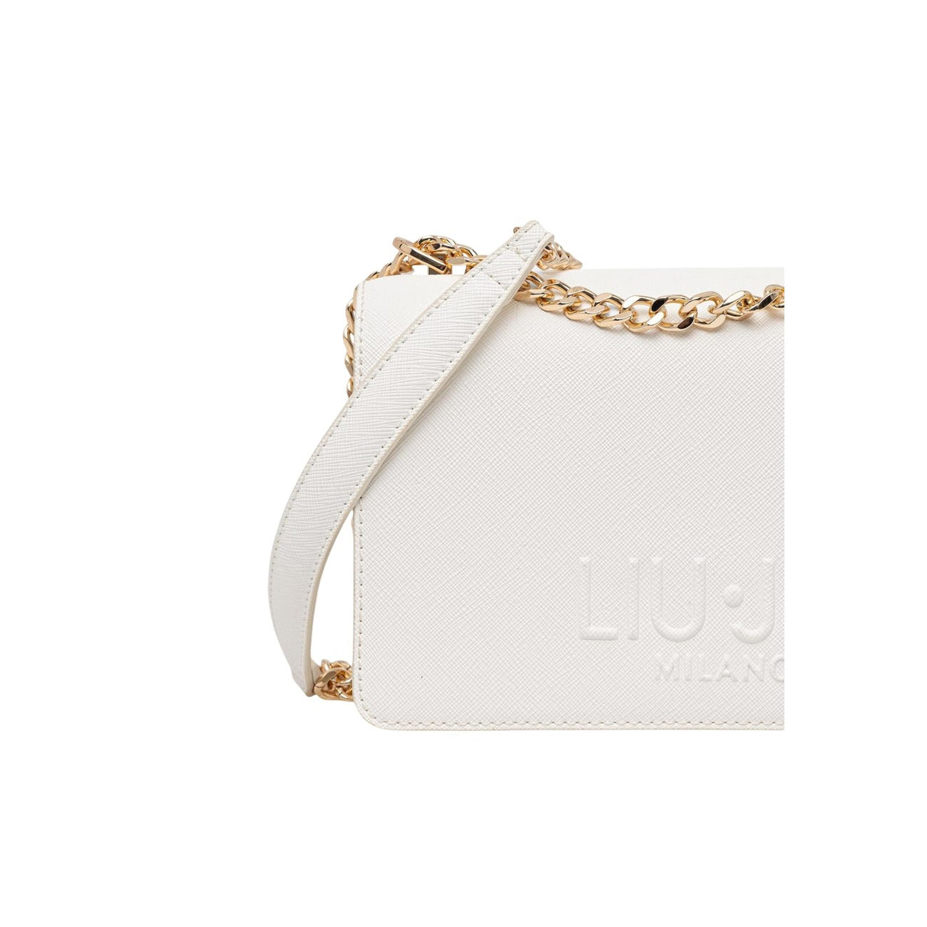 Liu Jo ECS M Crossbody bianca; borsa a spalla con hardware dorato, interno organizzato e finitura in poliuretano di alta qualità, stile chic e versatile per la mezza stagione. Vista frontale logo 